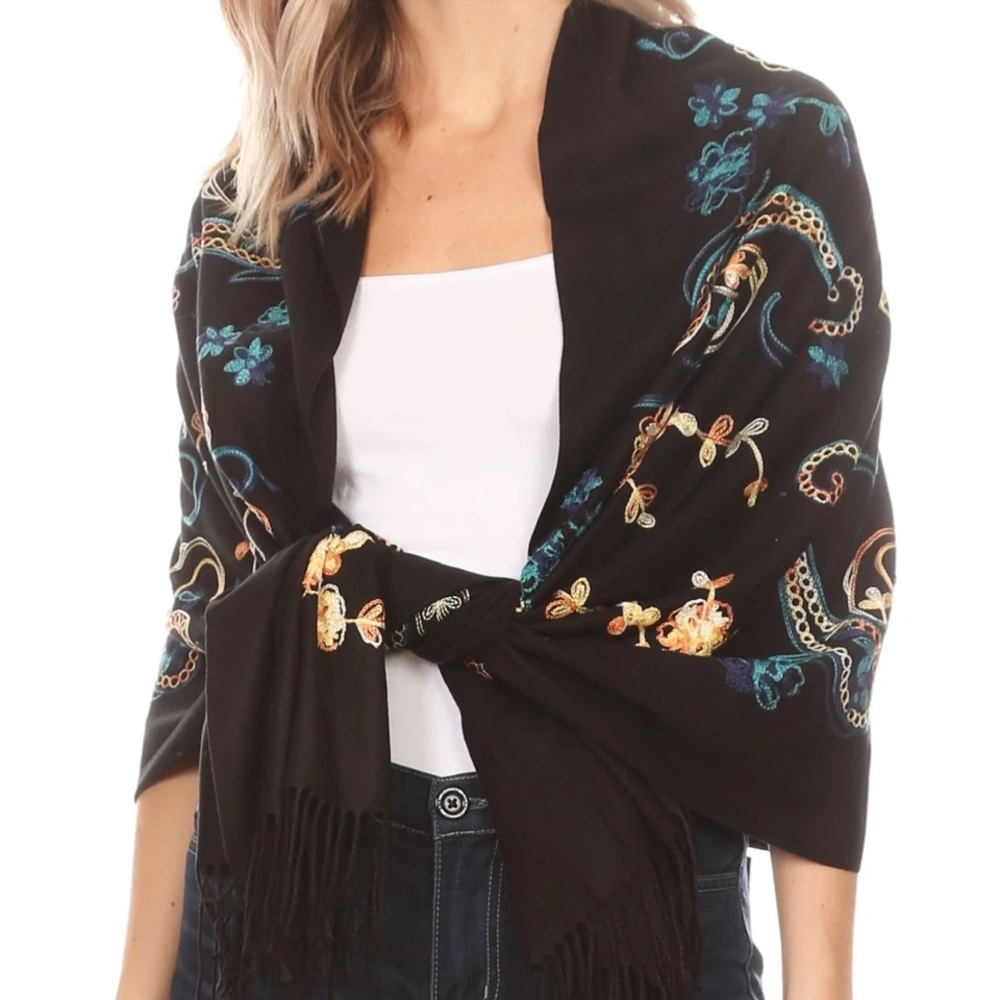 Sakkas Large Casual Embroidery Scarf Shawl Wrap Stole in Blue Brown 🆕